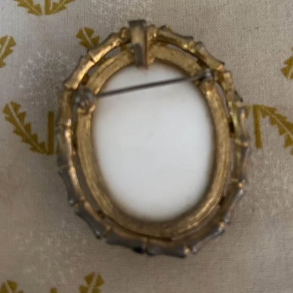 Vintage cameo faux tortoiseshell brooch with gold bamboo detail frame. - Picture 2 of 2